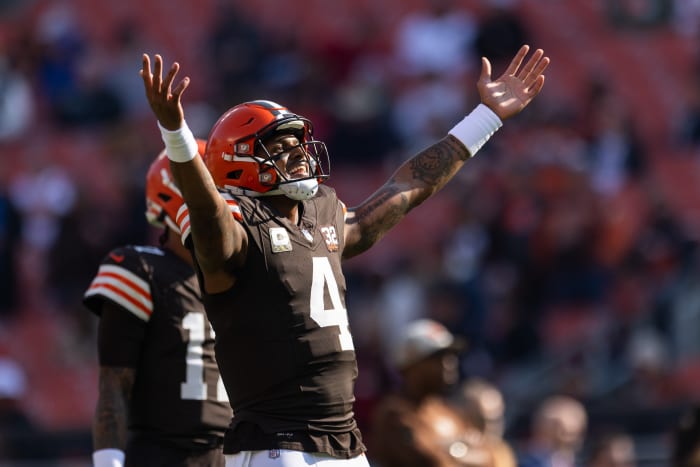 Nov 5, 2023; Cleveland, Ohio, USA; Cleveland Browns quarterback Deshaun Watson (4) celebrates during warm ups before the game against the Arizona Cardinals at Cleveland Browns Stadium.